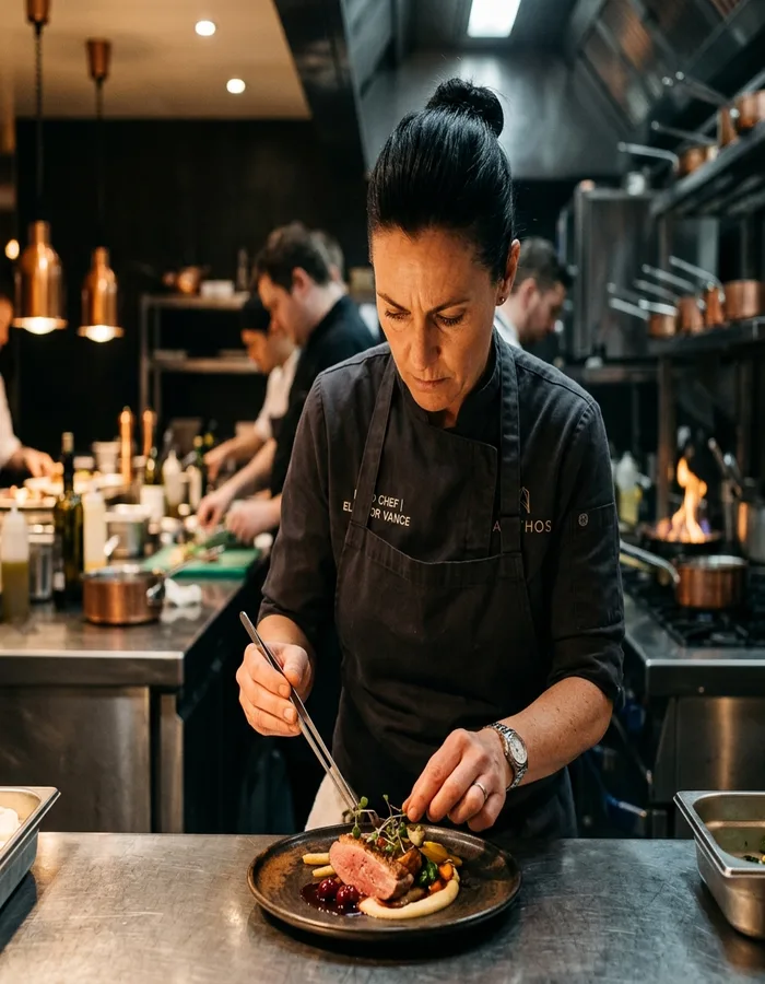 Head chef Élise Marchand plating in the kitchen